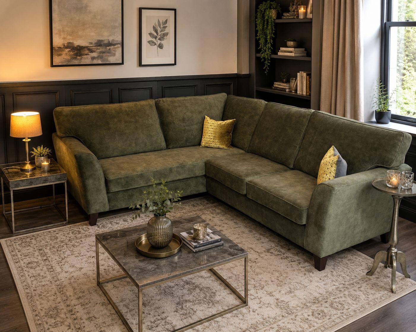 Olive green corner sofa in a panelled snug
