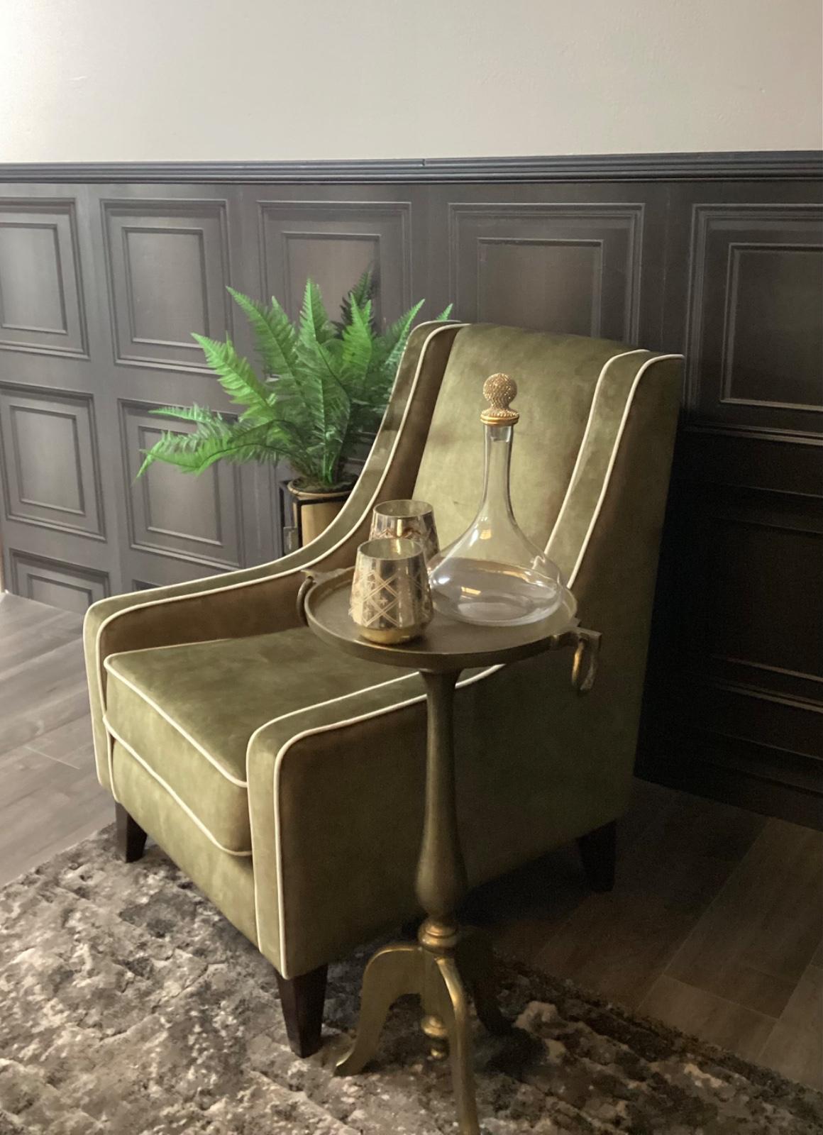 Olive green piped accent chair