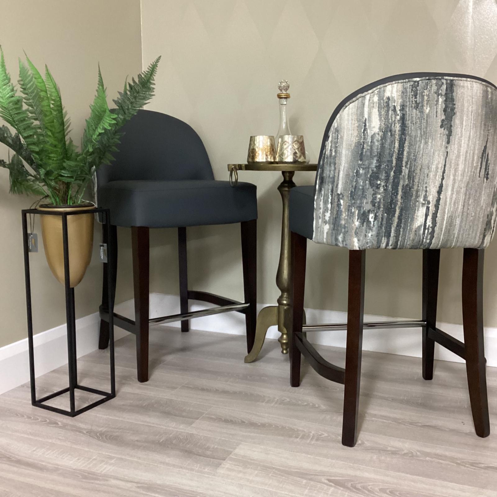 Pair of contrast-back bar stools, navy and painterly grey