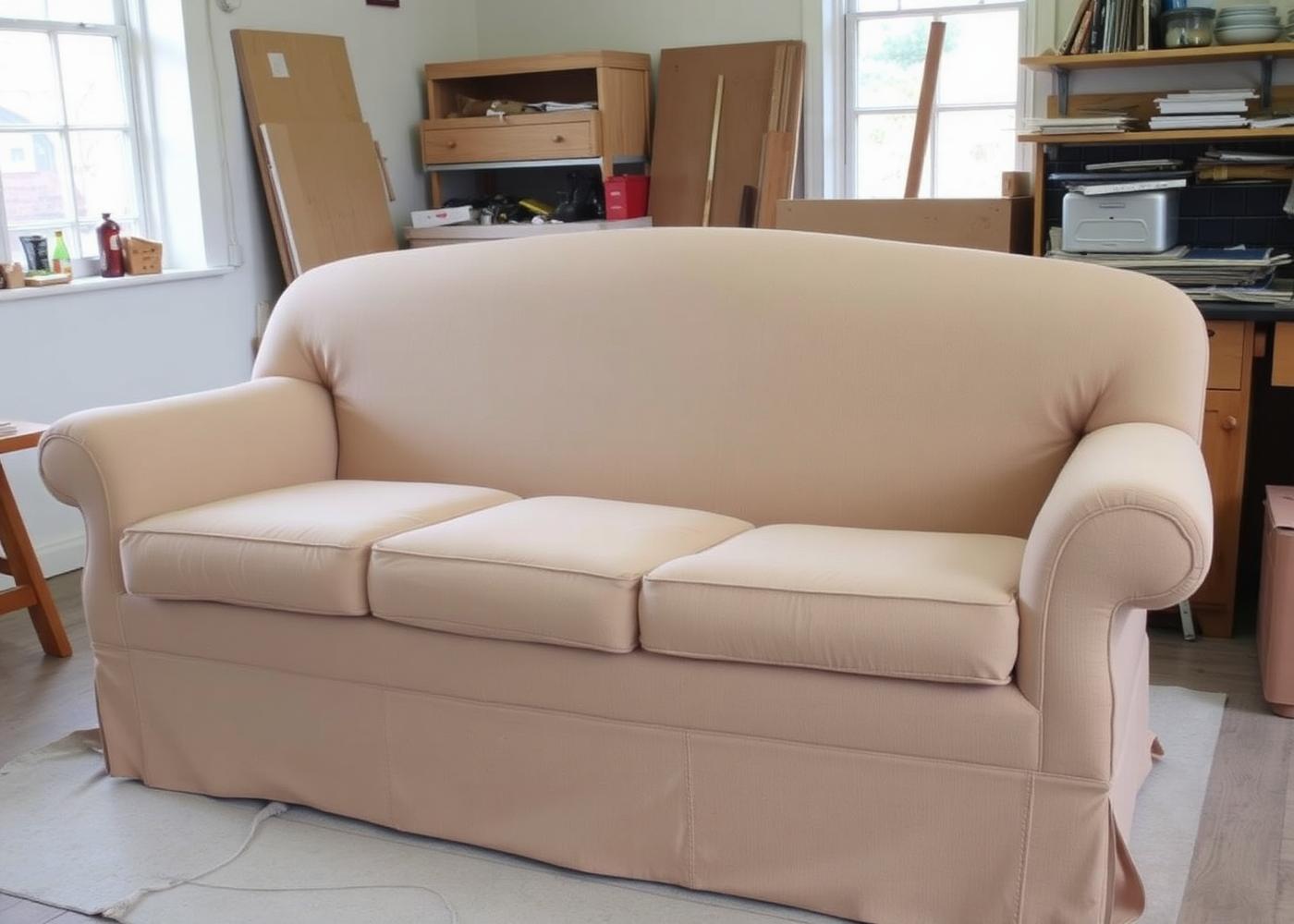 Traditional sofa being recovered in new fabric