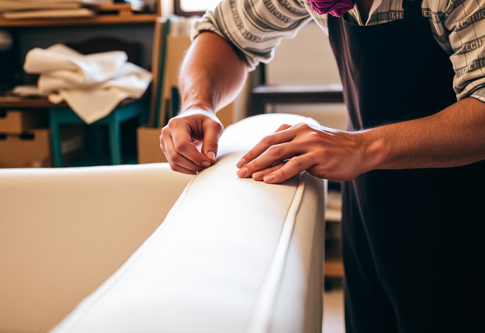 Hands working on bespoke upholstery